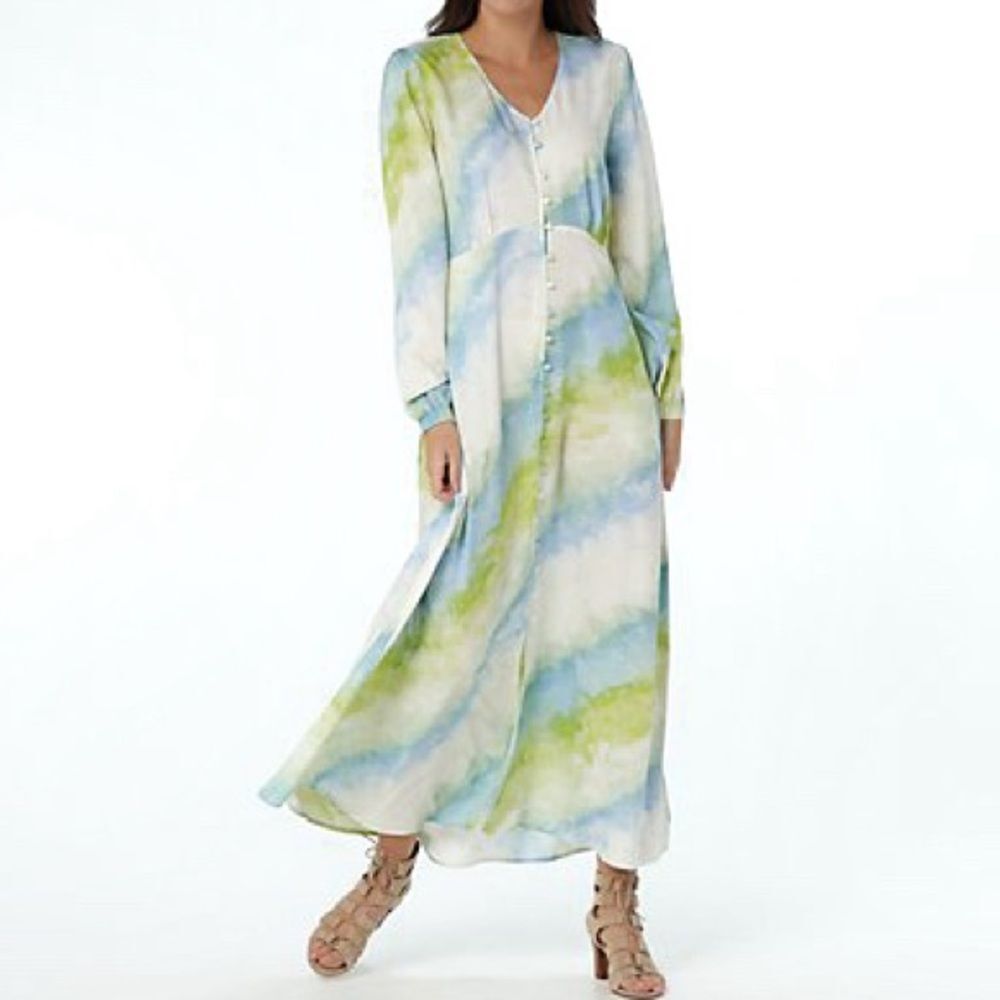 Laurie Felt Long Sleeve Button Front Maxi Dress Aqua Green Tie Dye Plus Size 26W